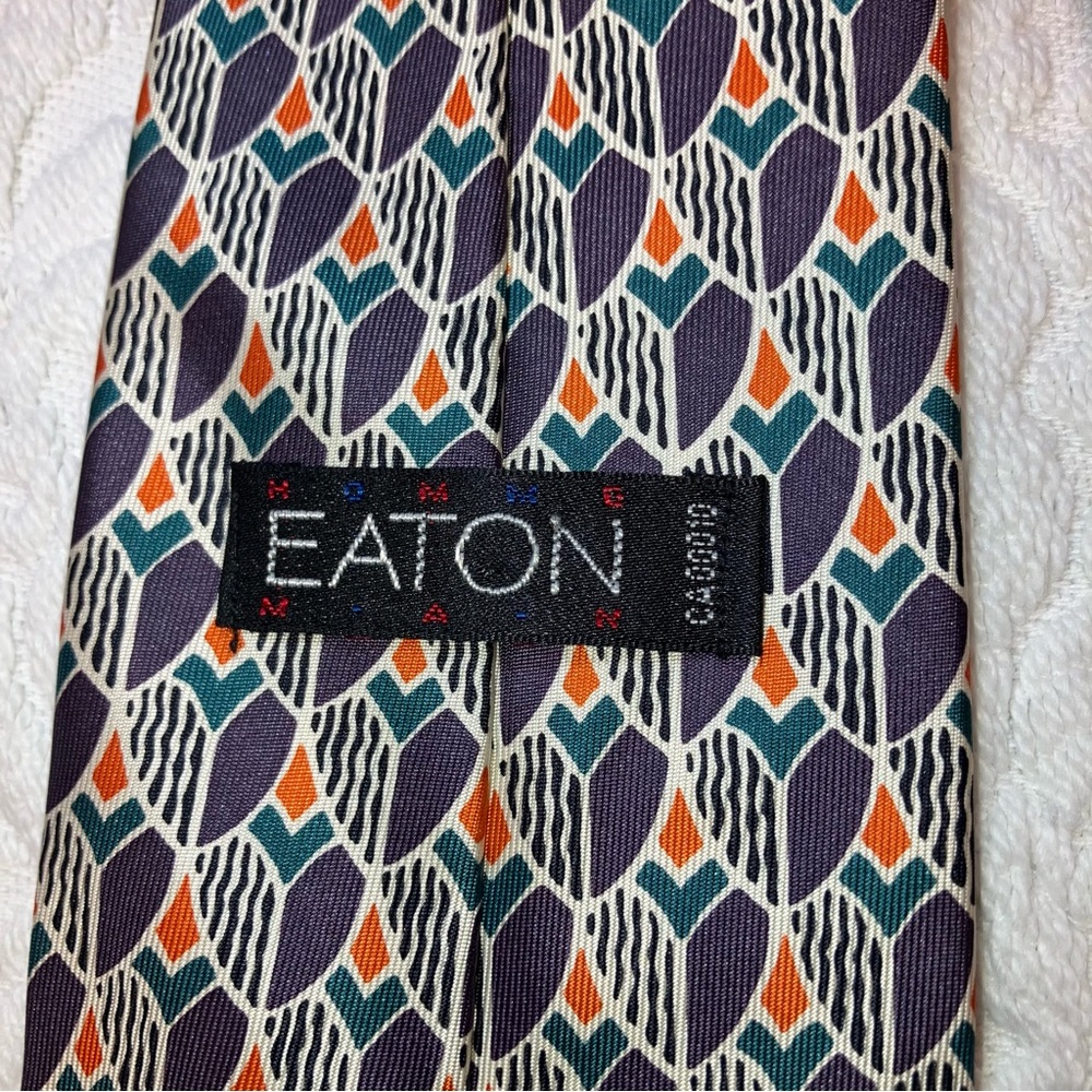 Vintage Eaton silk tie, geometric pattern in purple, orange & teal green